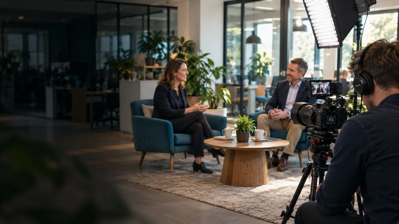 Camera crew filming a business interview in a contemporary office