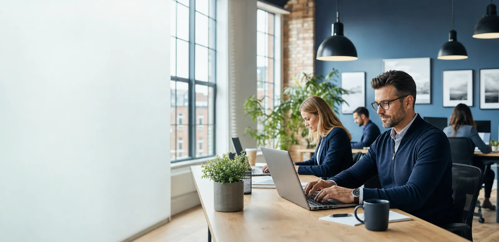 A small business team working in a modern North West office supported by Tech Savvy Solutions