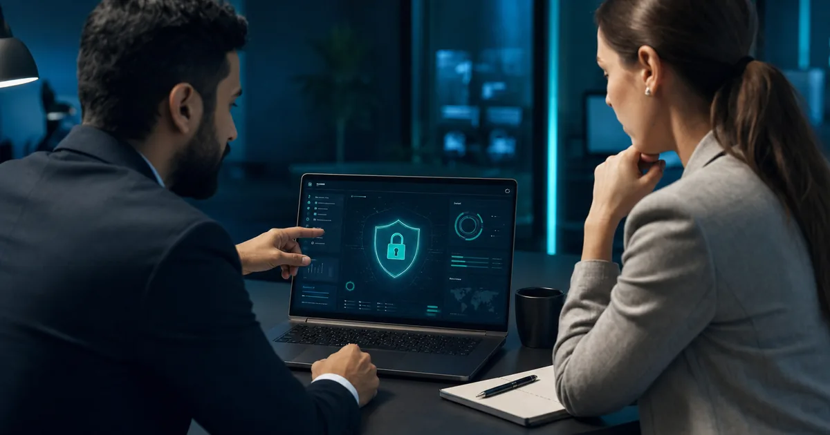 Tech Savvy Solutions engineer reviewing cyber security with a client